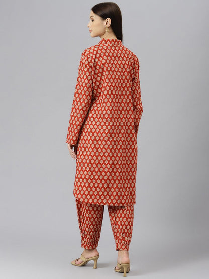 Maroon Cotton Shirt Style Kurta Hem Cuffed Pant Co-Ord Set | LASVINI - Redefining Indian Fashion with Elegance
