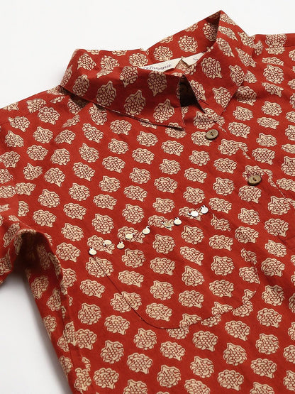 Maroon Cotton Shirt Style Kurta Hem Cuffed Pant Co-Ord Set | LASVINI - Redefining Indian Fashion with Elegance