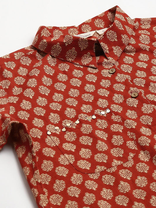 Maroon Cotton Shirt Style Kurta Hem Cuffed Pant Co-Ord Set | LASVINI - Redefining Indian Fashion with Elegance