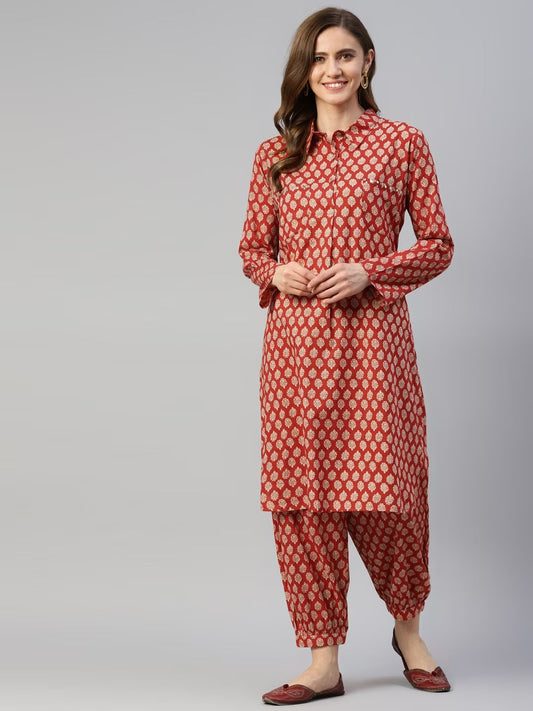 Maroon Cotton Shirt Style Kurta Hem Cuffed Pant Co-Ord Set | LASVINI - Redefining Indian Fashion with Elegance