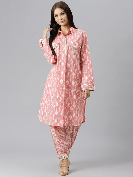 Pink Cotton Shirt Style Kurta Hem Cuffed Pant Co-Ord Set | LASVINI - Redefining Indian Fashion with Elegance