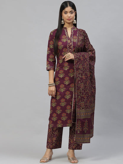Purple Cotton Straight Kurta Pant Set With Dupatta | LASVINI - Redefining Indian Fashion with Elegance