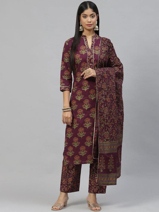 Purple Cotton Straight Kurta Pant Set With Dupatta | LASVINI - Redefining Indian Fashion with Elegance