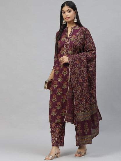 Purple Cotton Straight Kurta Pant Set With Dupatta | LASVINI - Redefining Indian Fashion with Elegance