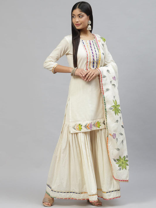 Cream Solid Kurta Sharara Set With Hand Painted Dupatta | LASVINI - Redefining Indian Fashion with Elegance