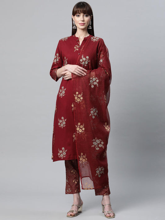 Maroon Rayon Kurta Pant Set With Kota Doria Dupatta | LASVINI - Redefining Indian Fashion with Elegance