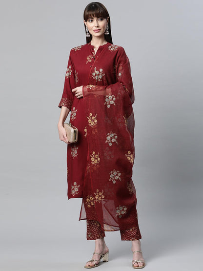 Maroon Rayon Kurta Pant Set With Kota Doria Dupatta | LASVINI - Redefining Indian Fashion with Elegance