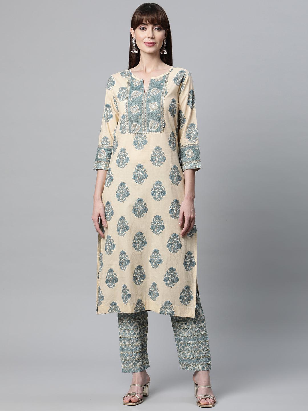 Beige Cotton Straight Kurta Pant Set | LASVINI - Redefining Indian Fashion with Elegance