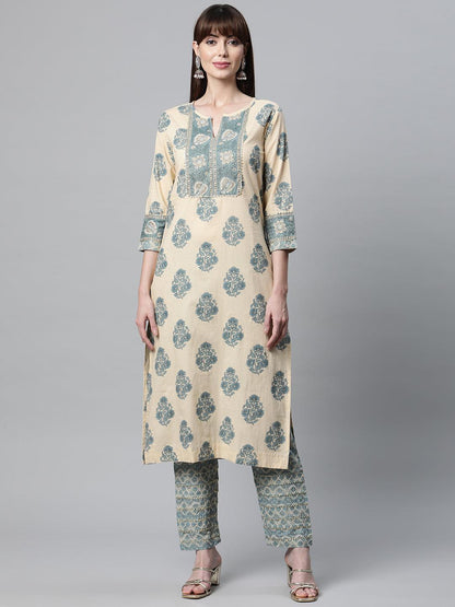 Beige Cotton Straight Kurta Pant Set | LASVINI - Redefining Indian Fashion with Elegance