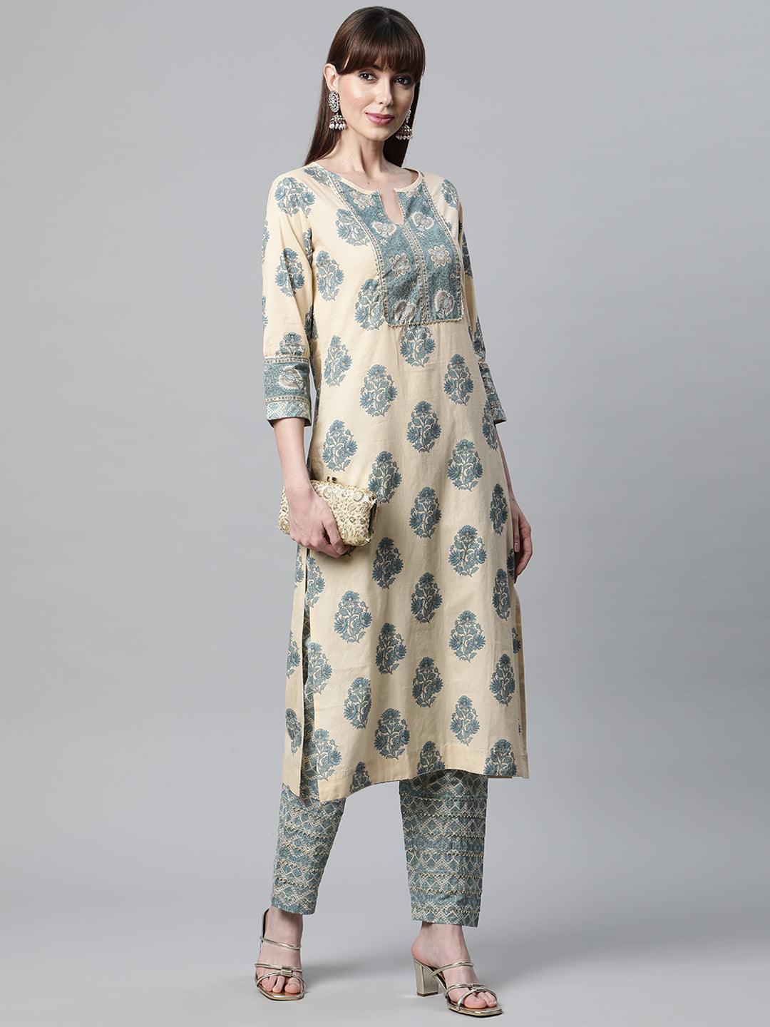 Beige Cotton Straight Kurta Pant Set | LASVINI - Redefining Indian Fashion with Elegance
