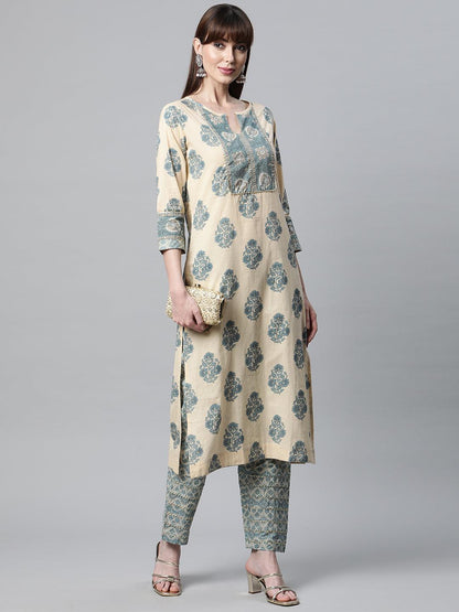 Beige Cotton Straight Kurta Pant Set | LASVINI - Redefining Indian Fashion with Elegance