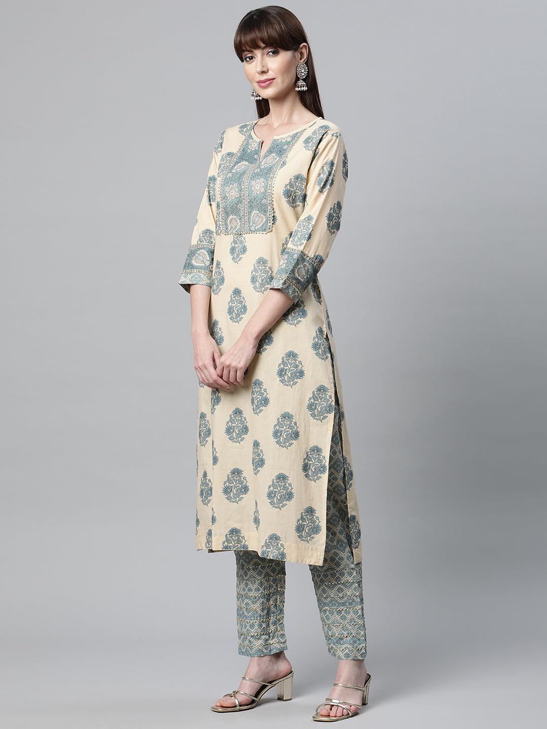 Beige Cotton Straight Kurta Pant Set | LASVINI - Redefining Indian Fashion with Elegance