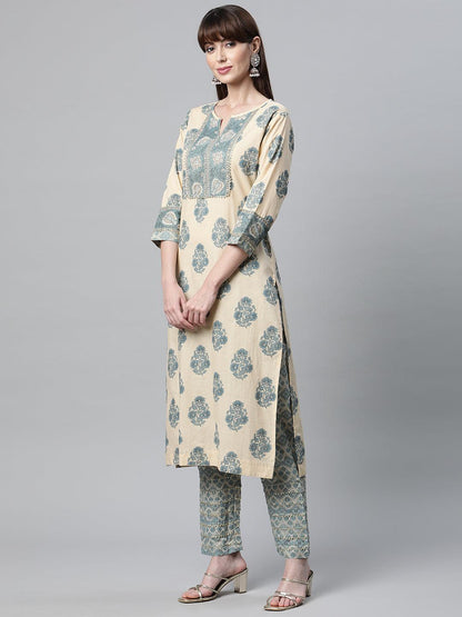 Beige Cotton Straight Kurta Pant Set | LASVINI - Redefining Indian Fashion with Elegance