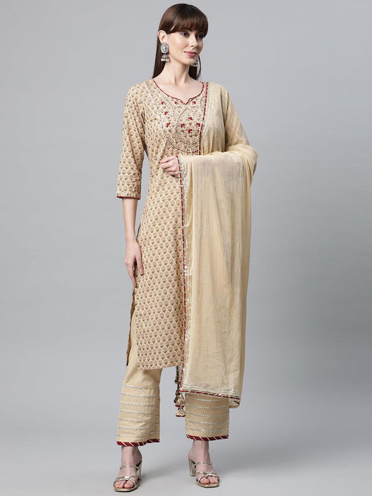 Beige Color Cotton Straight Kurta Pant Set With Dupatta | LASVINI - Redefining Indian Fashion with Elegance