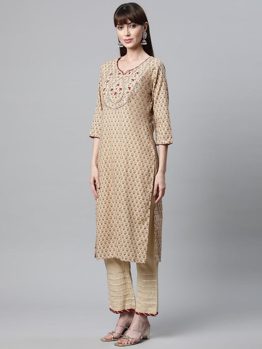 Beige Color Cotton Straight Kurta Pant Set With Dupatta | LASVINI - Redefining Indian Fashion with Elegance