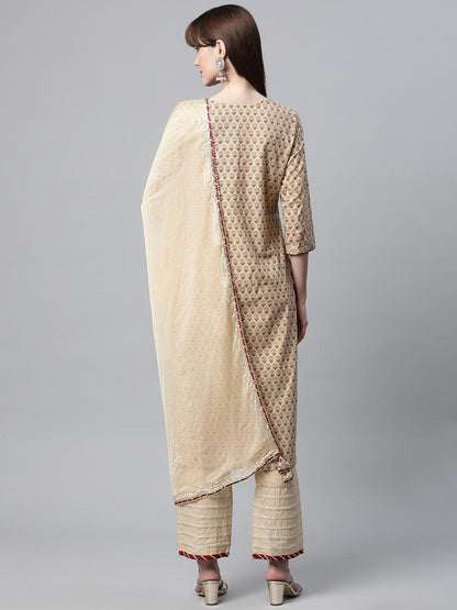 Beige Color Cotton Straight Kurta Pant Set With Dupatta | LASVINI - Redefining Indian Fashion with Elegance