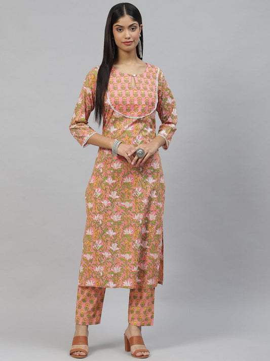 Pink Floral Cotton Kurta Pant Set | LASVINI - Redefining Indian Fashion with Elegance