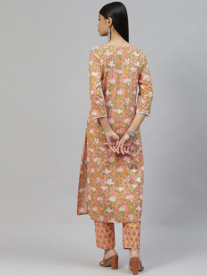 Pink Floral Cotton Kurta Pant Set | LASVINI - Redefining Indian Fashion with Elegance