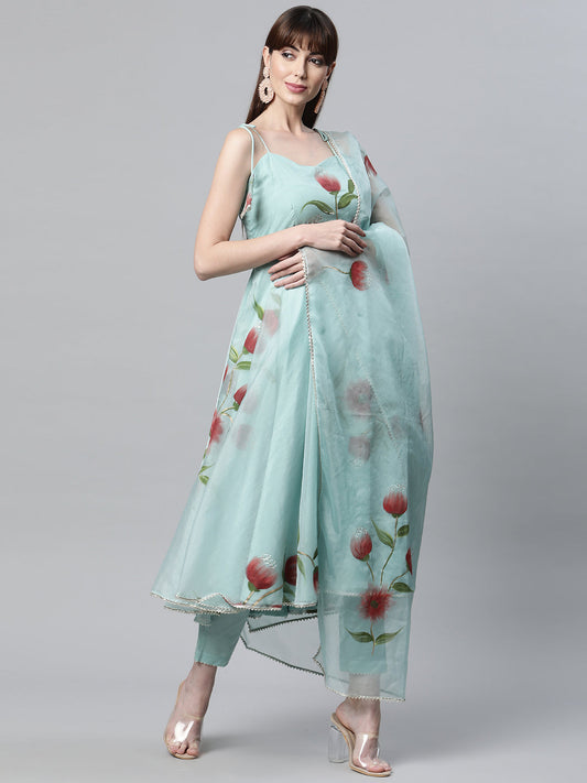 Women Sky Blue Hand Painted Floral Organza Anarkali Kurta Pant Set With Dupatta | LASVINI - Redefining Indian Fashion with Elegance
