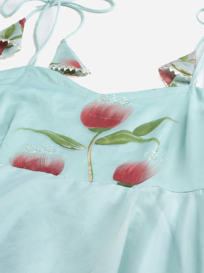 Women Sky Blue Hand Painted Floral Organza Anarkali Kurta Pant Set With Dupatta | LASVINI - Redefining Indian Fashion with Elegance
