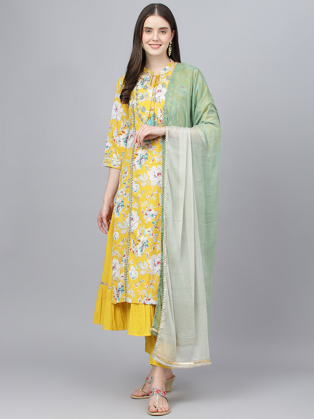 Women Yellow Cotton Kurta Pant Set With Nazneen Dupatta | LASVINI - Redefining Indian Fashion with Elegance