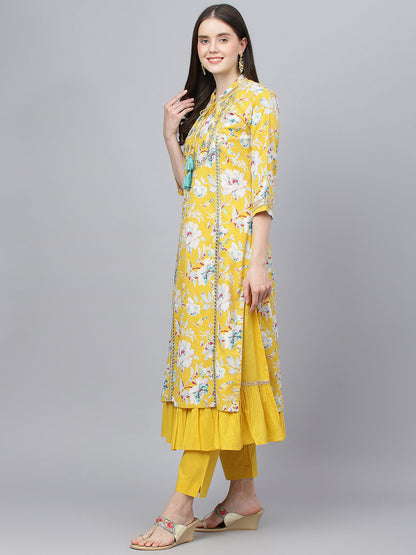 Women Yellow Cotton Kurta Pant Set With Nazneen Dupatta | LASVINI - Redefining Indian Fashion with Elegance