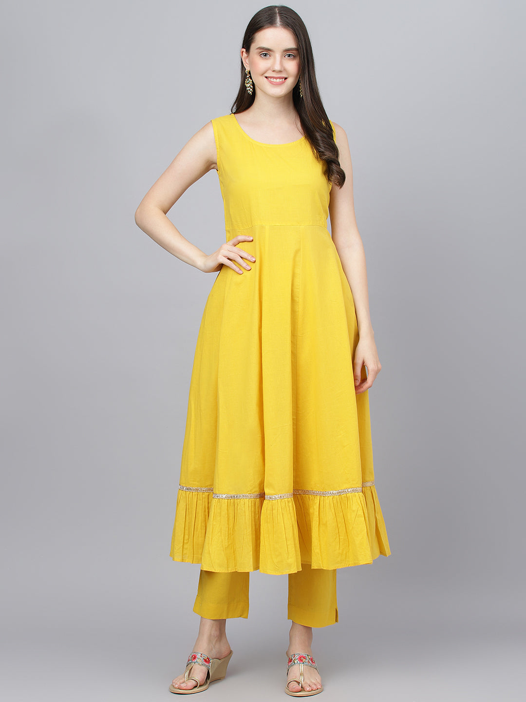 Women Yellow Cotton Kurta Pant Set With Nazneen Dupatta | LASVINI - Redefining Indian Fashion with Elegance