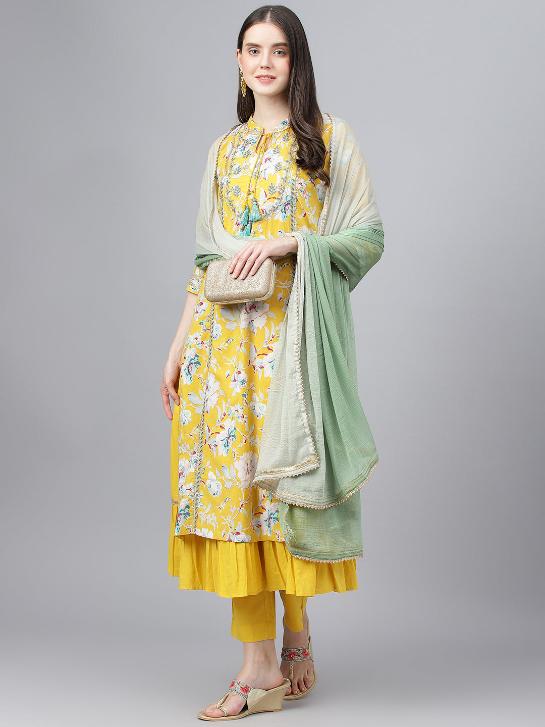 Women Yellow Cotton Kurta Pant Set With Nazneen Dupatta | LASVINI - Redefining Indian Fashion with Elegance