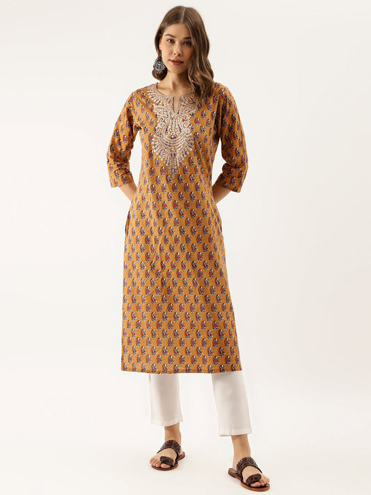 Women Brown Floral Printed Cotton Zari Work Kurta | LASVINI - Redefining Indian Fashion with Elegance