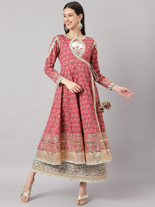 Dark Pink Floral Cotton Anarkali Kurta With Jacket | LASVINI - Redefining Indian Fashion with Elegance