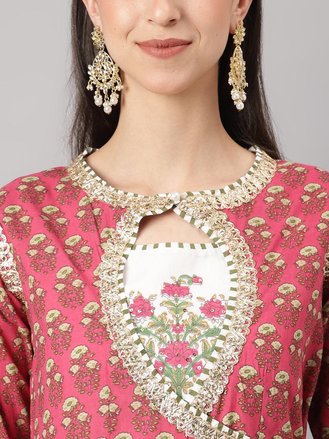 Dark Pink Floral Cotton Anarkali Kurta With Jacket | LASVINI - Redefining Indian Fashion with Elegance