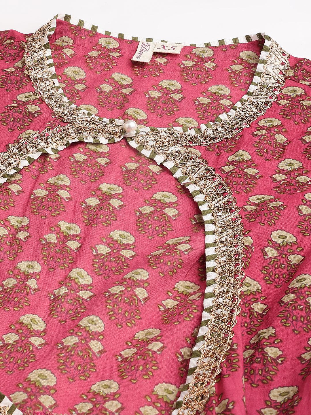Dark Pink Floral Cotton Anarkali Kurta With Jacket | LASVINI - Redefining Indian Fashion with Elegance