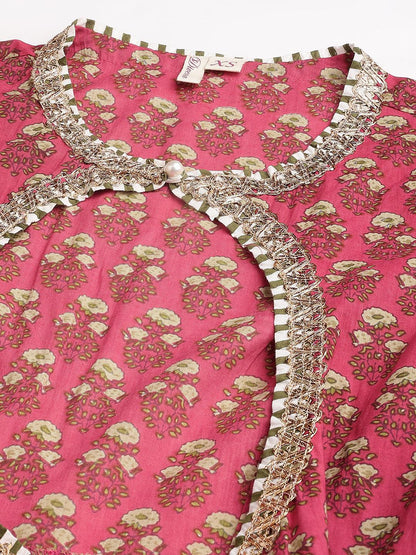 Dark Pink Floral Cotton Anarkali Kurta With Jacket | LASVINI - Redefining Indian Fashion with Elegance