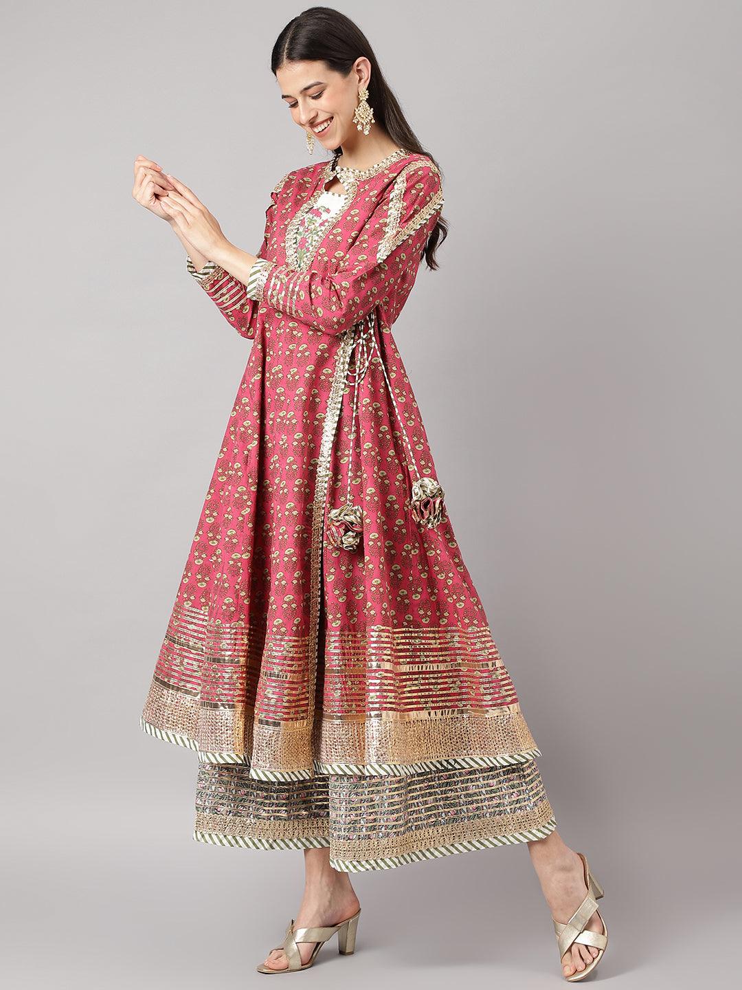 Dark Pink Floral Cotton Anarkali Kurta With Jacket | LASVINI - Redefining Indian Fashion with Elegance