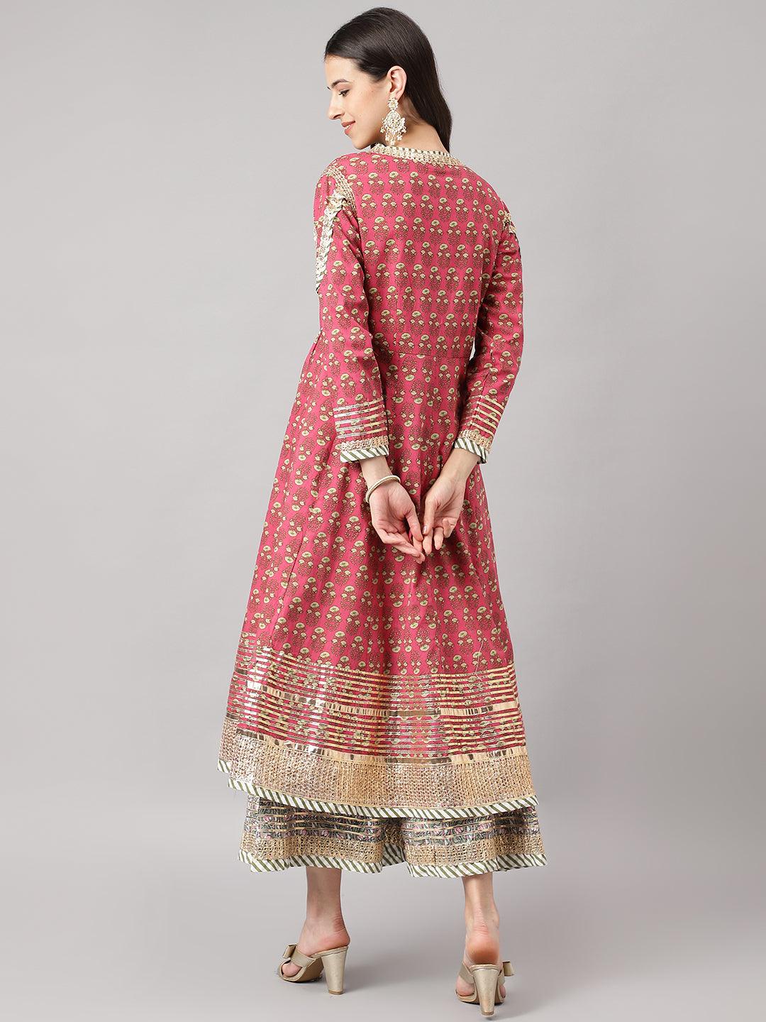 Dark Pink Floral Cotton Anarkali Kurta With Jacket | LASVINI - Redefining Indian Fashion with Elegance