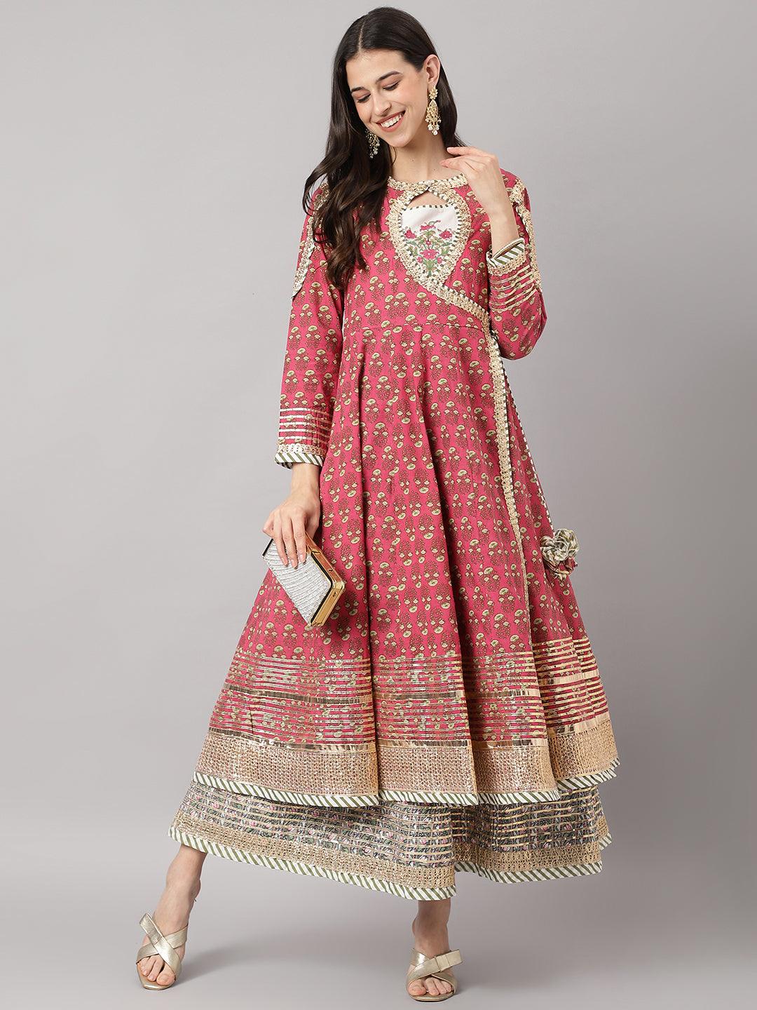 Dark Pink Floral Cotton Anarkali Kurta With Jacket | LASVINI - Redefining Indian Fashion with Elegance