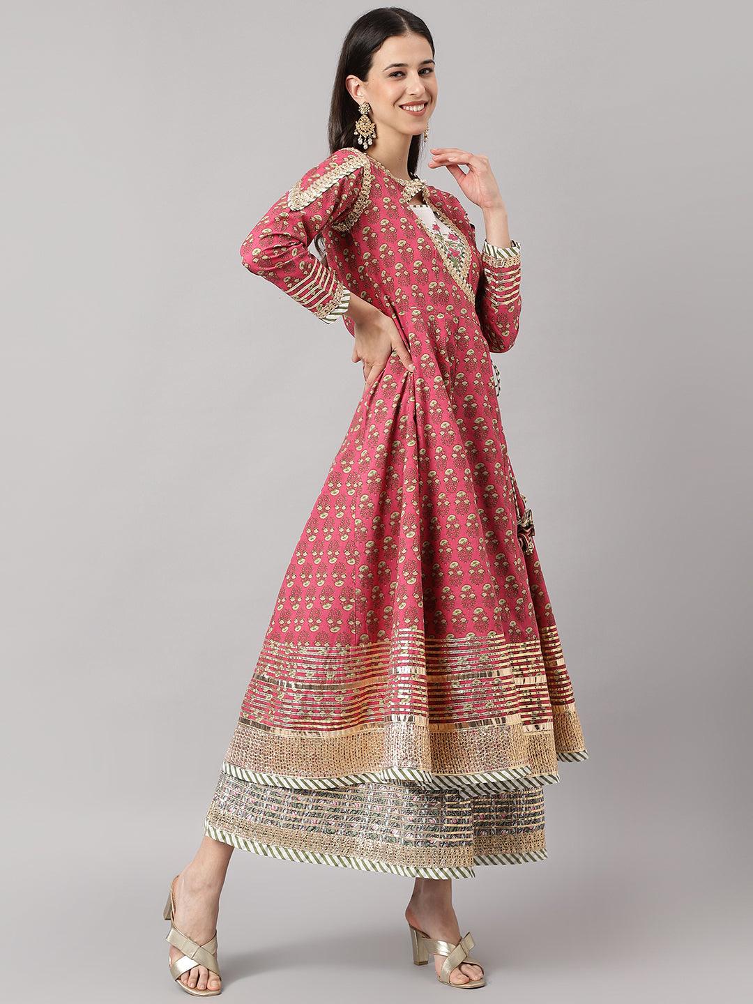 Dark Pink Floral Cotton Anarkali Kurta With Jacket | LASVINI - Redefining Indian Fashion with Elegance
