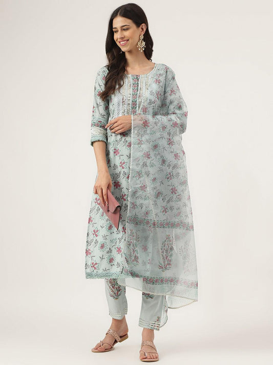 Skyblue Hand Block Cotton Straight Pant Set With Organza Dupatta | LASVINI - Redefining Indian Fashion with Elegance
