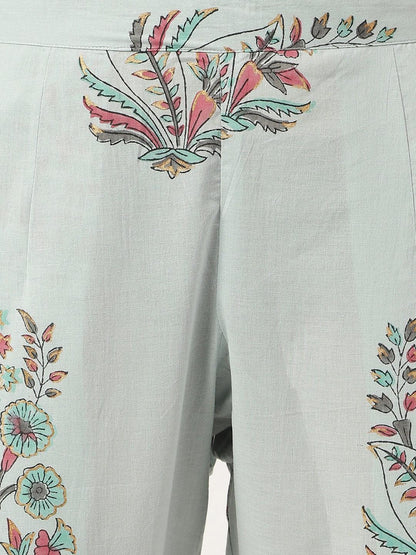Skyblue Hand Block Cotton Straight Pant Set With Organza Dupatta | LASVINI - Redefining Indian Fashion with Elegance