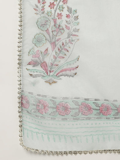 Skyblue Hand Block Cotton Straight Pant Set With Organza Dupatta | LASVINI - Redefining Indian Fashion with Elegance