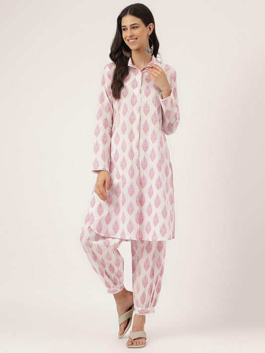 White Cotton Straight Kurta Hem Cuffed Pant Set | LASVINI - Redefining Indian Fashion with Elegance