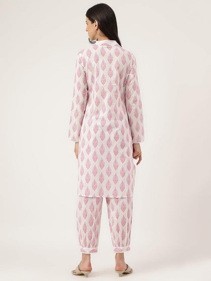 White Cotton Straight Kurta Hem Cuffed Pant Set | LASVINI - Redefining Indian Fashion with Elegance