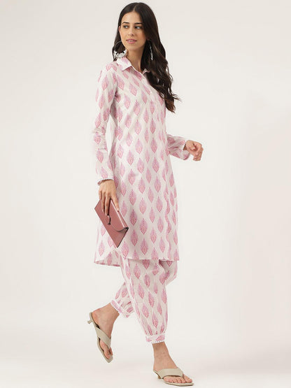 White Cotton Straight Kurta Hem Cuffed Pant Set | LASVINI - Redefining Indian Fashion with Elegance