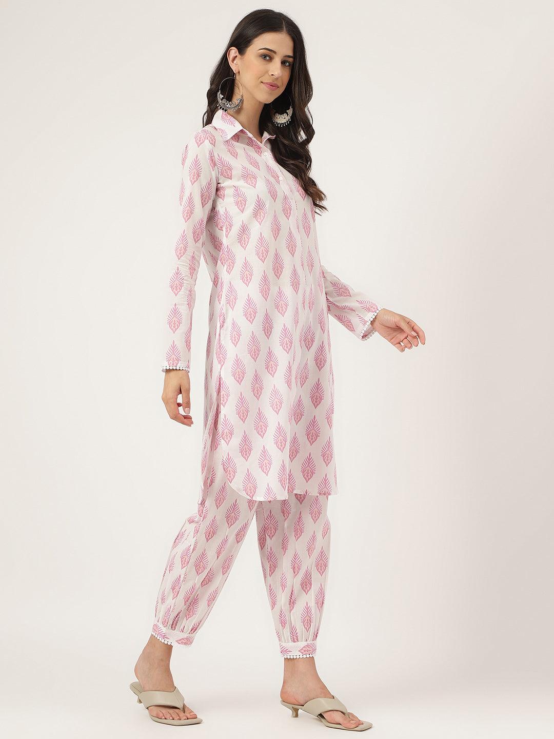 White Cotton Straight Kurta Hem Cuffed Pant Set | LASVINI - Redefining Indian Fashion with Elegance