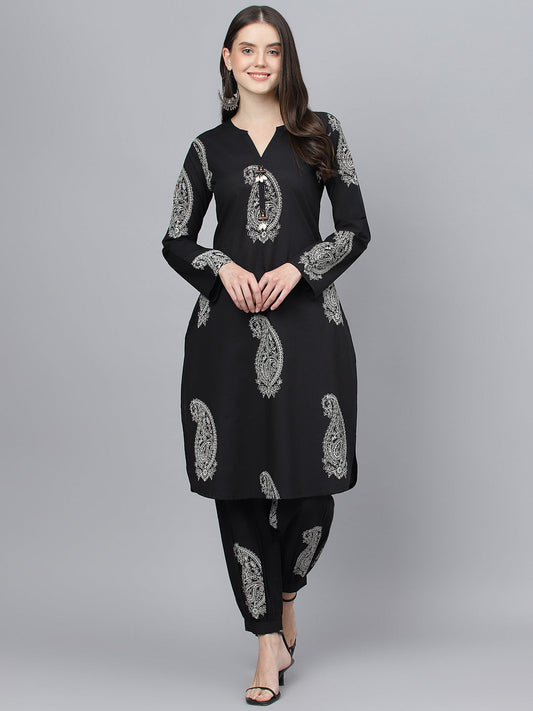 Women Black Cotton Straight Kurta Hem Cuffed Pant Set | LASVINI - Redefining Indian Fashion with Elegance