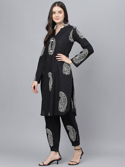 Women Black Cotton Straight Kurta Hem Cuffed Pant Set | LASVINI - Redefining Indian Fashion with Elegance