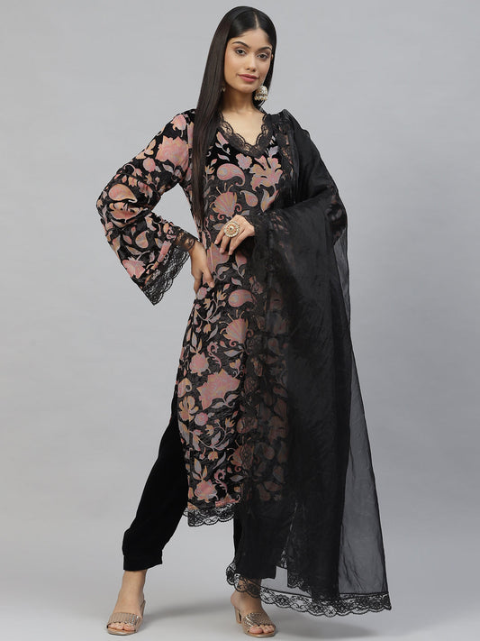 Women Black Burn Out Velvat Kurta Haram Pant With Organza Dupatta | LASVINI - Redefining Indian Fashion with Elegance