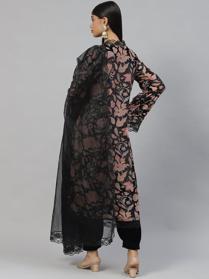 Women Black Burn Out Velvat Kurta Haram Pant With Organza Dupatta | LASVINI - Redefining Indian Fashion with Elegance