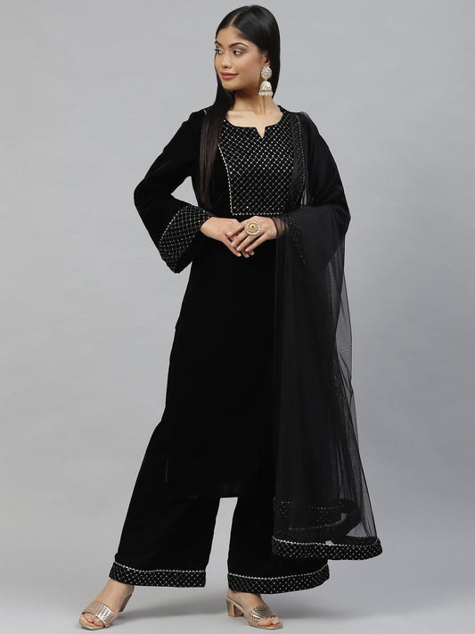 Black Velvet Hand Work Kurta Pant With Net Dupatta Set | LASVINI - Redefining Indian Fashion with Elegance