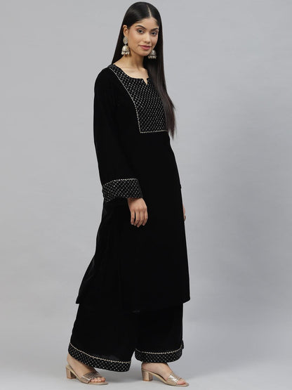Black Velvet Hand Work Kurta Pant With Net Dupatta Set | LASVINI - Redefining Indian Fashion with Elegance